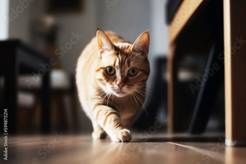 Running Cute Cat at Home on blur background. Animal concept