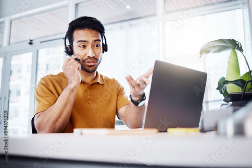 Quadro su tela Call center, laptop video call or man explain ecommerce telecom, telemarketing sales pitch or tech support