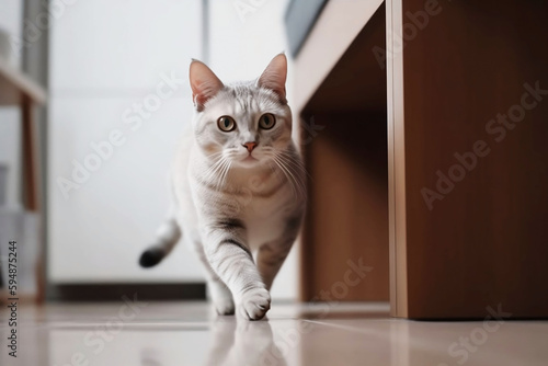 Running Cute Cat at Home on blur background. Animal concept