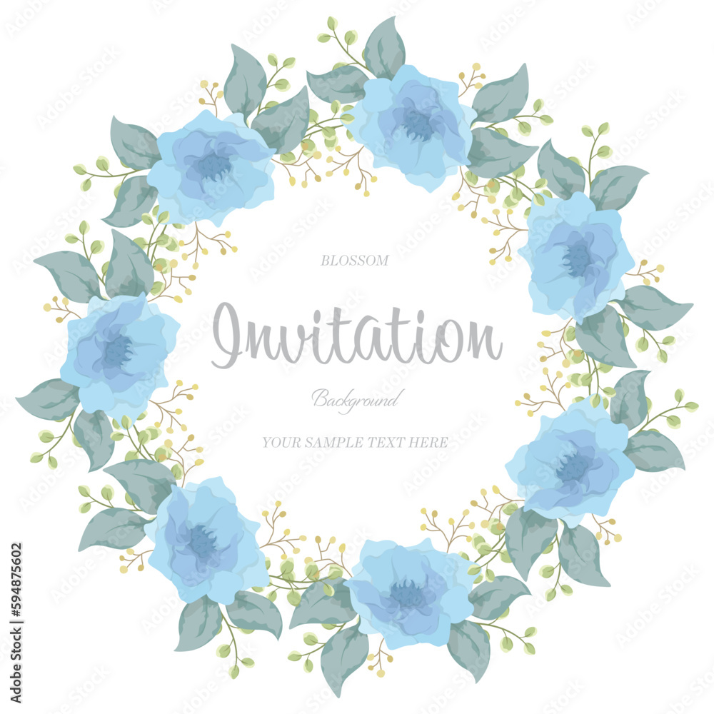 Blue flowers wreath floral wallpaper template background bouquet. Botanical flower and tropical leaf branch can be used for printing, greeting, wedding anniversary. Vector invitation card concept.
