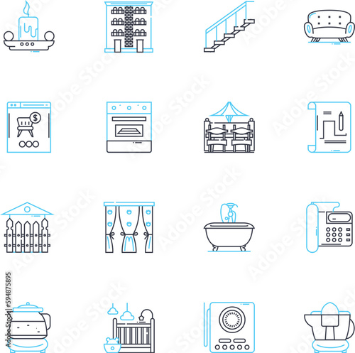 Housewares shop linear icons set. Kitchenware, Glassware, Cookware, Tableware, Cutlery, Bakeware, Utensils line vector and concept signs. Linens,Appliances,Dishes outline illustrations