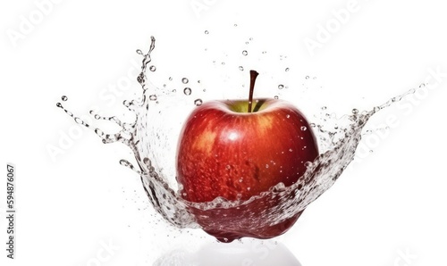 Water droplets cling to the surface of the apple as it falls into a pool, creating a burst of splashes. Creating using generative AI tools