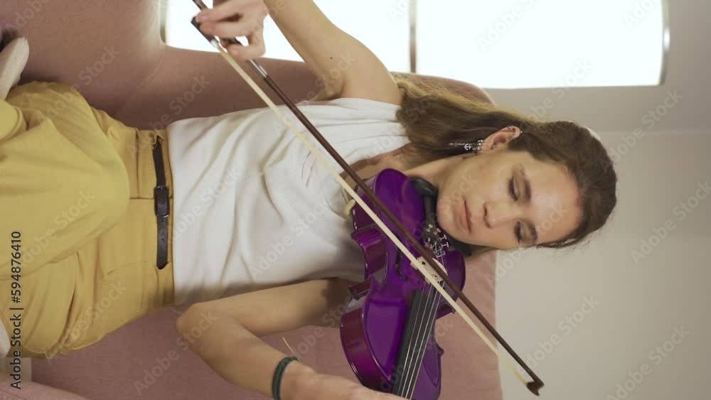 Vertical video of Talented musician woman playing violin sitting on sofa at home.
Successful musician woman playing violin at home, practicing, resting her soul.
Vertical video of Talented musician woman playing violin sitting on sofa at home.
Successful musician woman playing violin at home, practicing, resting her soul.