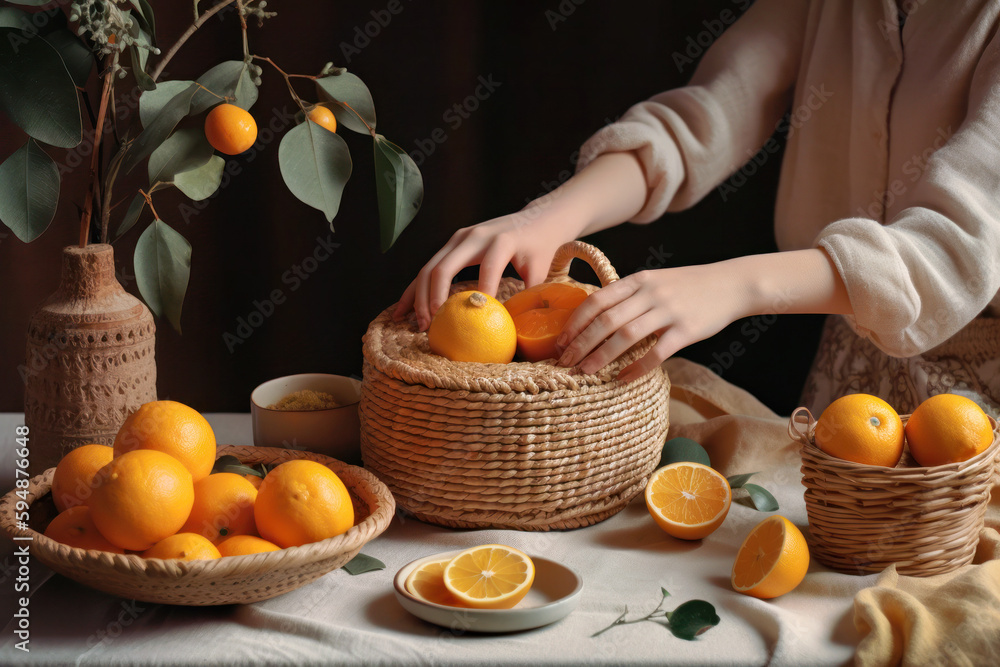 Hands of a woman choosing harvested oranges from a basket, Generative AI
