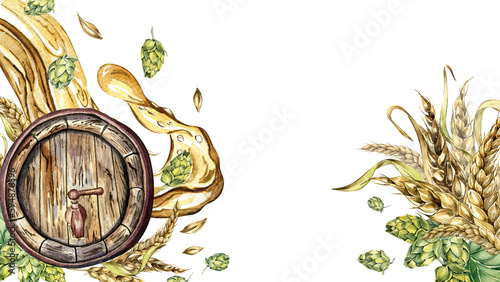 Wooden beer barrel and hop vine, wheat ear watercolor illustration isolated on white.