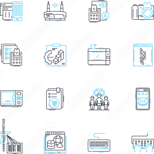 Machine linear icons set. Automation, Robotics, Mechanism, Engine, Device, Factory, Tool line vector and concept signs. Hardware,Equipment,Appliance outline illustrations photo