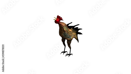 3d illustration of a male chicken or rooster that is rigged and posed in a crowing position. The male bird is crowing and making loud noise.