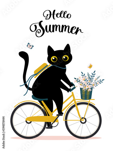 Hello summer. A cute black cat rides a bike and enjoys the beginning of summer. Funny animal with a bouquet of flowers and butterflies on a white background. Vector.