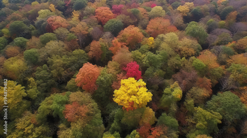 Autumn Yellow Red Leaves On Trees And Flying In Jungle. Generative Ai
