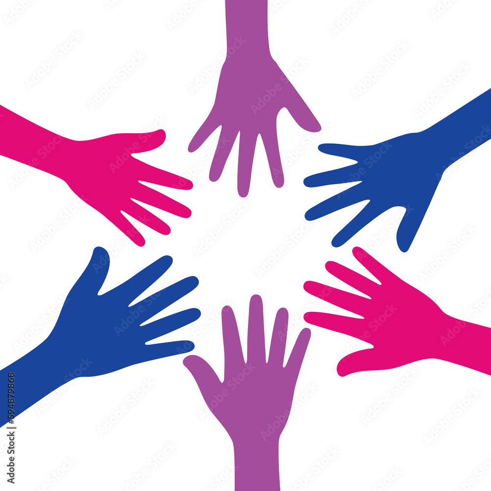 Silhouette of pink, purple, and blue colored hands as the colors of the bisexsual flag. Flat design illustration. Silhouette of pink, purple, and blue colored hands as the colors of the bisexsual flag. Flat design illustration.