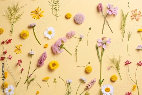 Flat lay natural concept, fresh spring field flowers and pastel yellow background. Herbarium flowers. Illustration, Generative AI.