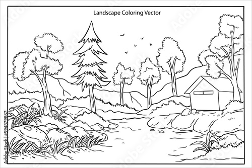 Coloring page for kids with landscape theme