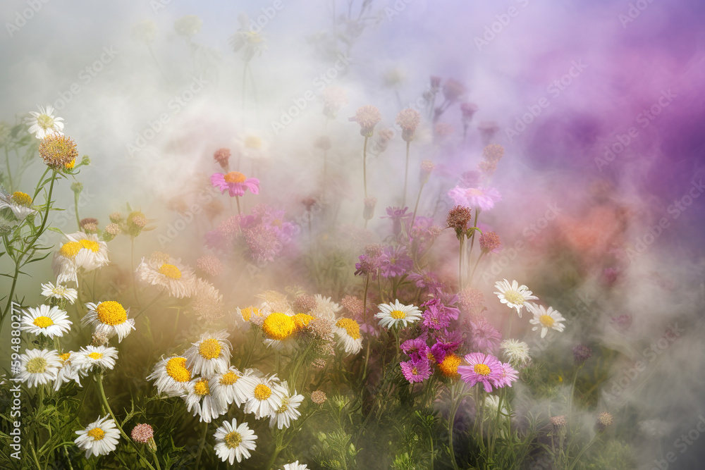 Fresh Spring field, meadow flowers explode in smoke and mist. Herbal creative concept. Pastel background. Illustration, Generative AI.