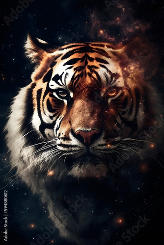tiger in the night with stars