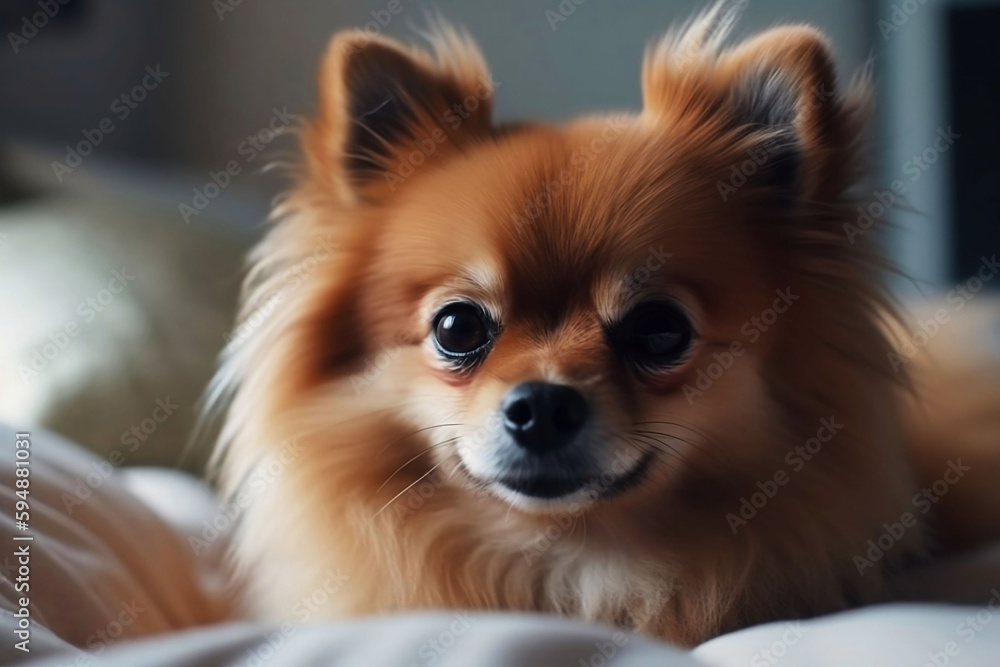 Cute dog sitting comfortably in cozy bedroom at home Cute dog sitting comfortably in cozy bedroom at home