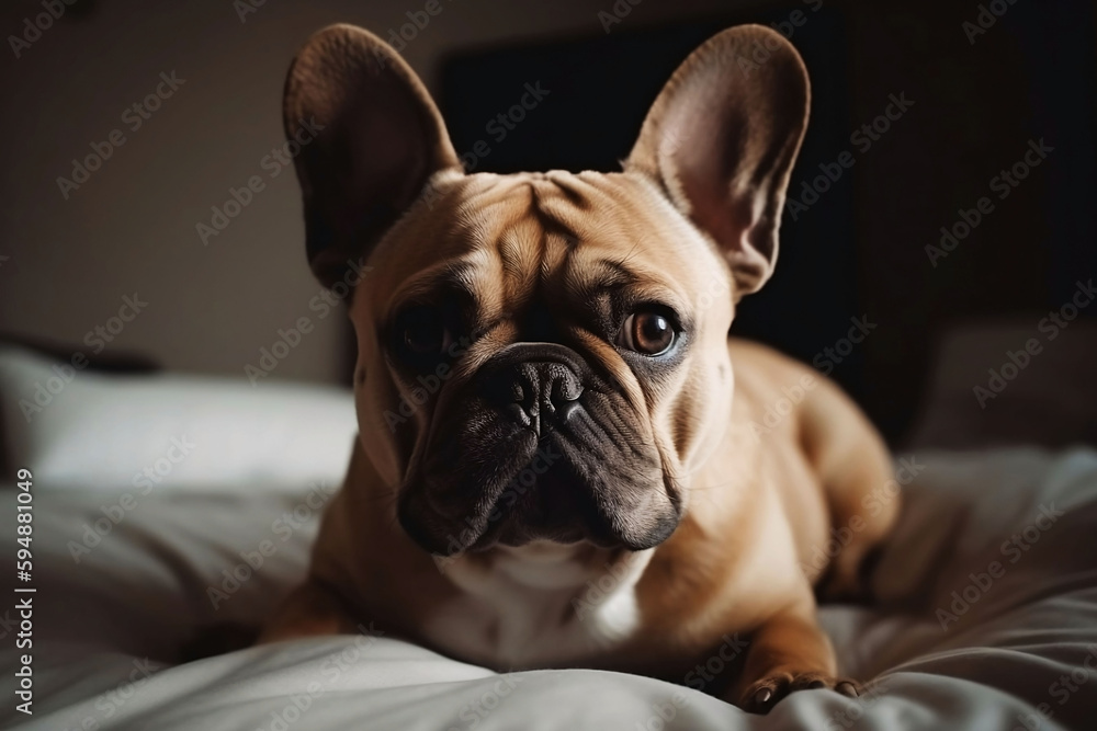 Cute dog sitting comfortably in cozy bedroom at home
