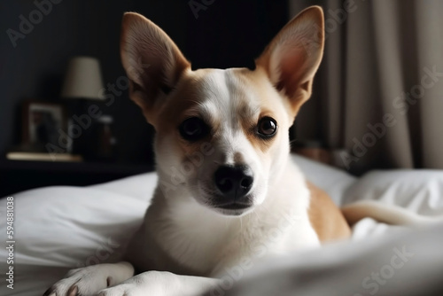Cute dog sitting comfortably in cozy bedroom at home