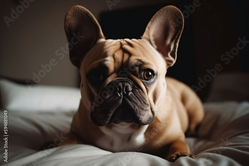 Cute dog sitting comfortably in cozy bedroom at home © Thares2020