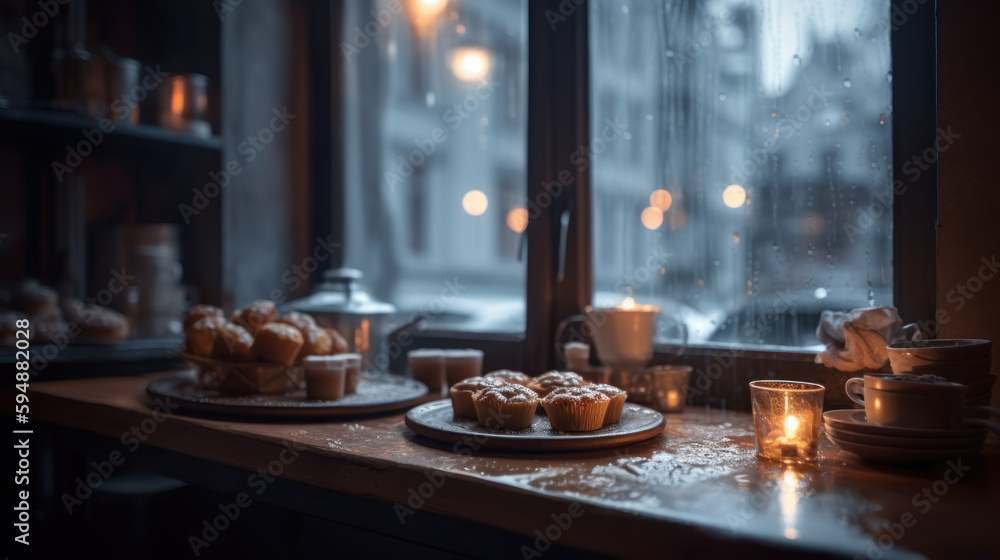 A cozy coffee shop on a rainy day, Generative AI
