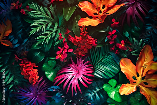 Seamless pattern tropical background, illustration of exotic summer leaf and plants in vivid colorful colors, flat lay. Illustration, Generative AI.