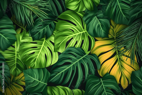 Seamless pattern tropical background, illustration of exotic summer leaf and plants in vivid colorful colors, flat lay. Illustration, Generative AI.