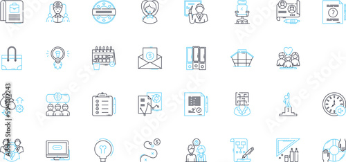 Administrative duty linear icons set. Management, Organization, Documentation, Coordination, Scheduling, Communication, Prioritization line vector and concept signs. Efficiency,Multitasking