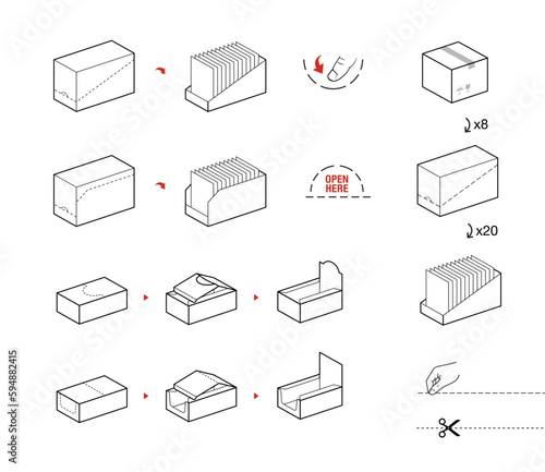 Set of icons for box instructions. Vector elements for infographics. Set of sign for detailed guideline. Ready for your design. EPS10.