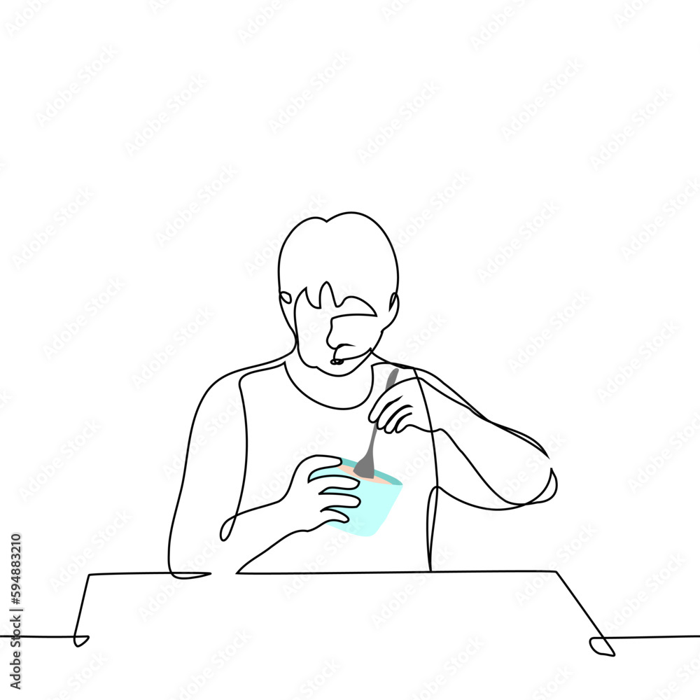 man eating ice cream from a plastic bucket with a spoon - one line drawing vector. concept eat sweets, night snack, sweet tooth man eating ice cream from a plastic bucket with a spoon - one line drawing vector. concept eat sweets, night snack, sweet tooth
