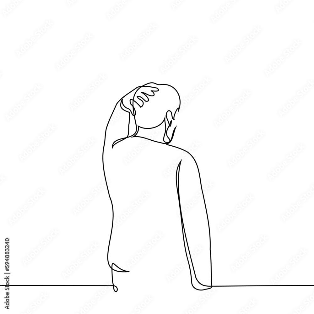 man standing with his back to the viewer clutching his head - one line drawing vector. concept anxiety, confusion, horror, despair, crisis man standing with his back to the viewer clutching his head - one line drawing vector. concept anxiety, confusion, horror, despair, crisis