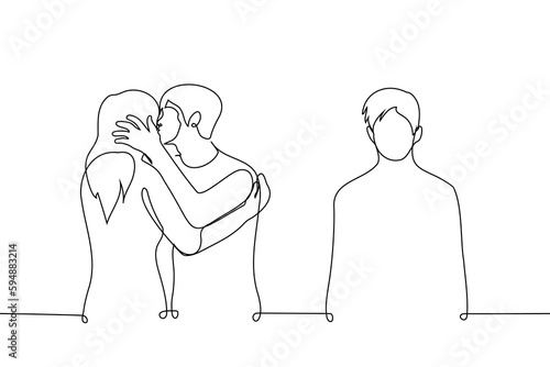lonely man stands aside while another kisses a woman - one line drawing vector. concept jealousy, envy, betrayal, broken heart, unrequited love