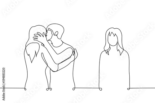 lonely woman standing aside while man kissing woman - one line drawing vector. concept jealousy, envy, betrayal, broken heart
