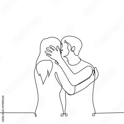 man kissing a woman on the cheek or on the lips - one line drawing vector. concept heterosexual couple kissing, relationship, first kiss, goodbye