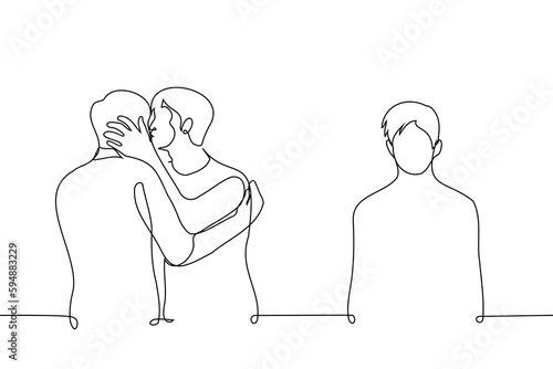 lonely man standing aside while man kissing another man - one line drawing vector. concept slash fantasy, homophobia, jealousy, envy, betrayal, heartbreak