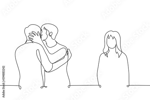 lonely woman standing aside while man kissing another man - one line drawing vector. concept slash fantasy, homophobia, jealousy, envy, betrayal, heartbreak