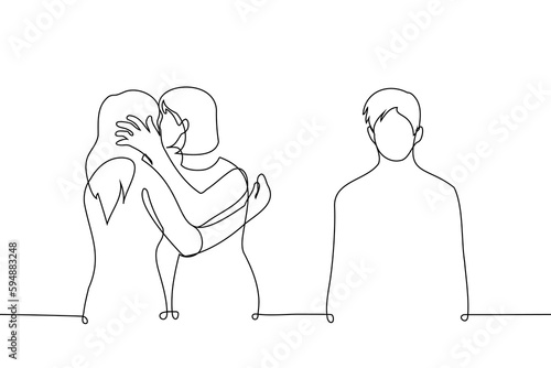 lonely man standing aside while woman kissing another woman - one line drawing vector. concept slash fantasy, homophobia, jealousy, envy, betrayal, heartbreak
