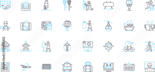 Executive vacation linear icons set. Luxurious, Serene, Exclusive, Extravagant, Secluded, Tranquil, Upscale line vector and concept signs. Retreat,Relaxing,Sophisticated outline illustrations