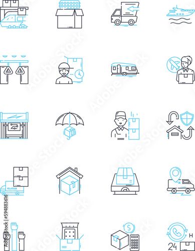 Logistics Movement linear icons set. Shipment, Transportation, Delivery, Cargo, Warehousing, Inventory, Routing line vector and concept signs. Packaging,Freight,Supply chain outline illustrations