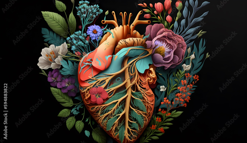 Human heart with flowers tree mental health concept illustration generative ai