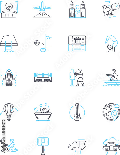 Adventure pursuits linear icons set. Climbing, Hiking, Skydiving, Bungee jumping, Surfing, Rafting, Rock climbing line vector and concept signs. Snowboarding,Mountain biking,Parkour outline