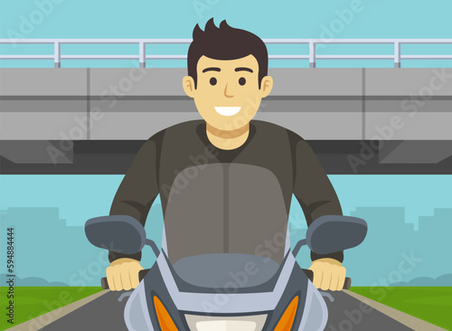 Close-up view of motorcyclist without helmet rides motorcycle under overpass. Flat vector illustration template.
