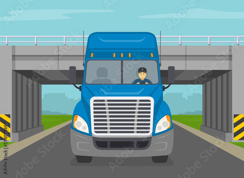 Front close-up view of blue truck driving under overpass. Semi-trailer goes through the tunnel under the bridge. Flat vector illustration template.