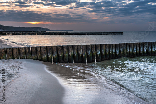 Beach of Baltic sea in Svetlogorsk at sunset. Kaliningrad region. Russia