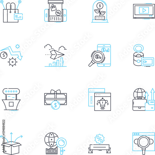 Discount buying linear icons set. Bargain, Sale, Clearance, Savings, Mark-down, Affordable, Thrifty line vector and concept signs. Frugal,Discounted,Economical outline illustrations