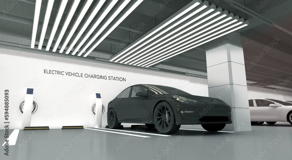 ev charging station 3d illustration. electric vehicle charging lot.