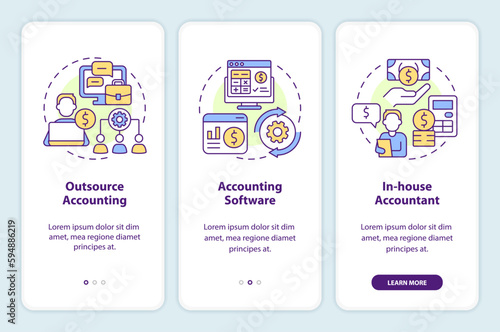 Business accounting management onboarding mobile app screen. Walkthrough 3 steps editable graphic instructions with linear concepts. UI, UX, GUI template. Myriad Pro-Bold, Regular fonts used