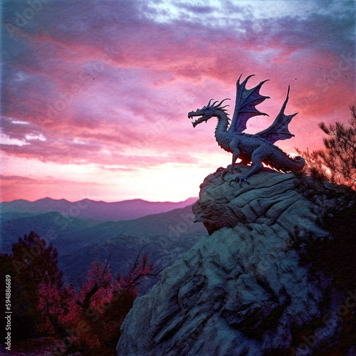 A dragon perched on a mountain peak with a dramatic sunset - generative AI