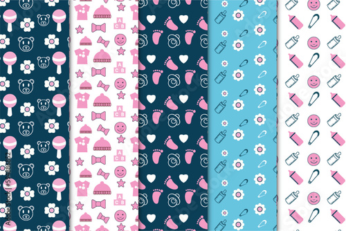 Seamless childish pattern collection with baby toys, heart shapes, and baby feeder icons. Endless baby pattern bundle decoration with dark and white backgrounds. Minimal childish pattern set vector.