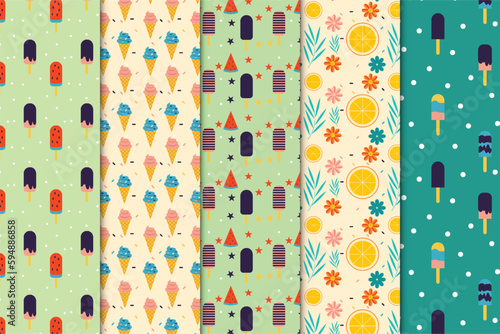 Ice cream repeating pattern decoration bundle for the book cover, wallpaper, and background. Sweet dessert pattern collection with colorful backgrounds. Popsicle endless pattern set vector.