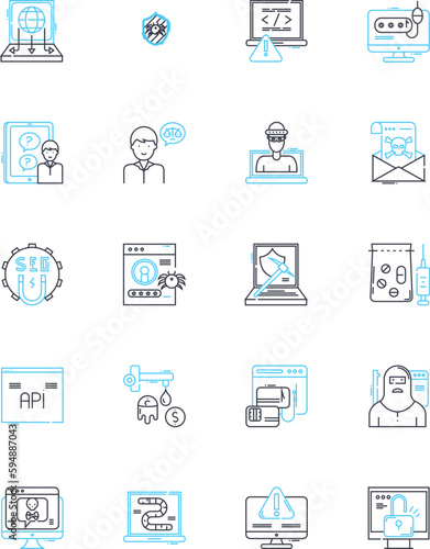 Scammers linear icons set. Deceptive, Fraudulent, Con artists, Imposters, Impersonators, Cheaters, Swindlers line vector and concept signs. Tricksters,Deceivers,Fraudsters outline illustrations photo