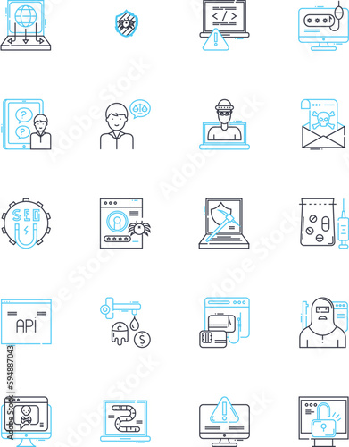 Scammers linear icons set. Deceptive, Fraudulent, Con artists, Imposters, Impersonators, Cheaters, Swindlers line vector and concept signs. Tricksters,Deceivers,Fraudsters outline illustrations